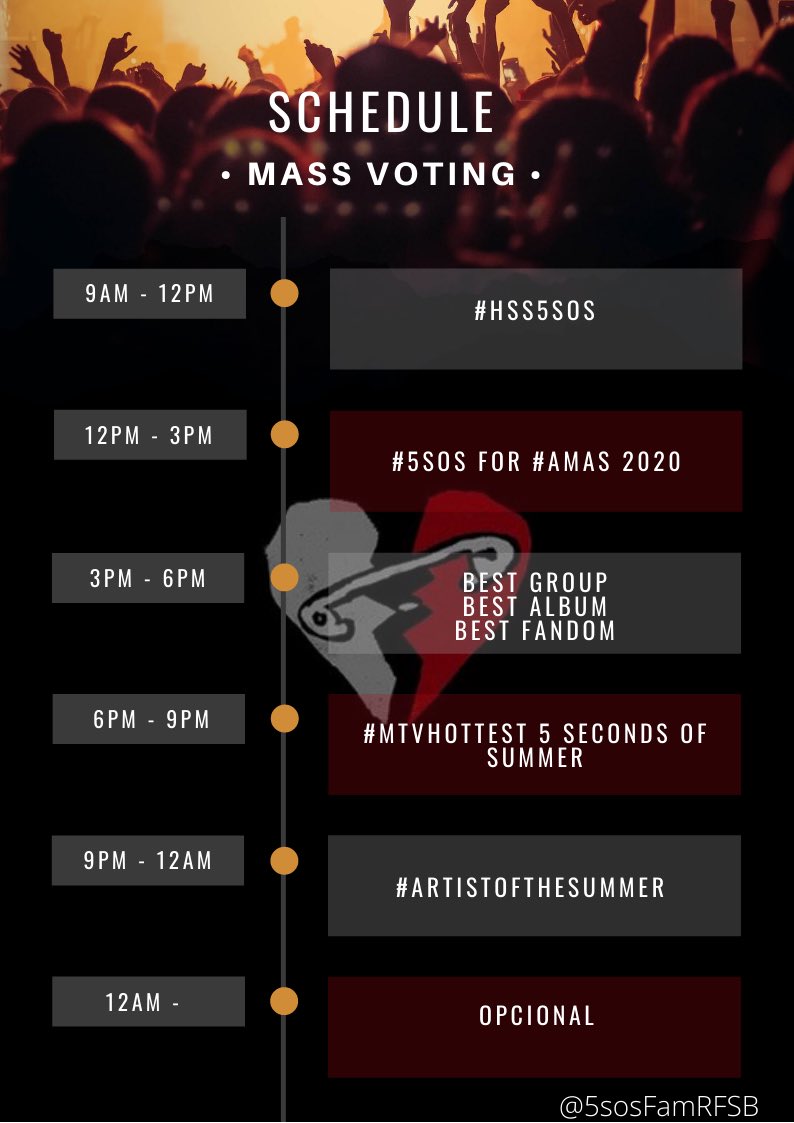 5sosFamRFSB's tweet photo. This are the schedule for the votings.
For the VMAs we’re going to vote before the schedule starts.

Estos son los horarios para las votaciones. Para los VMAsvamos a votar antes de empezar el horario.

-💜 https://t.co/ZofbActy4T