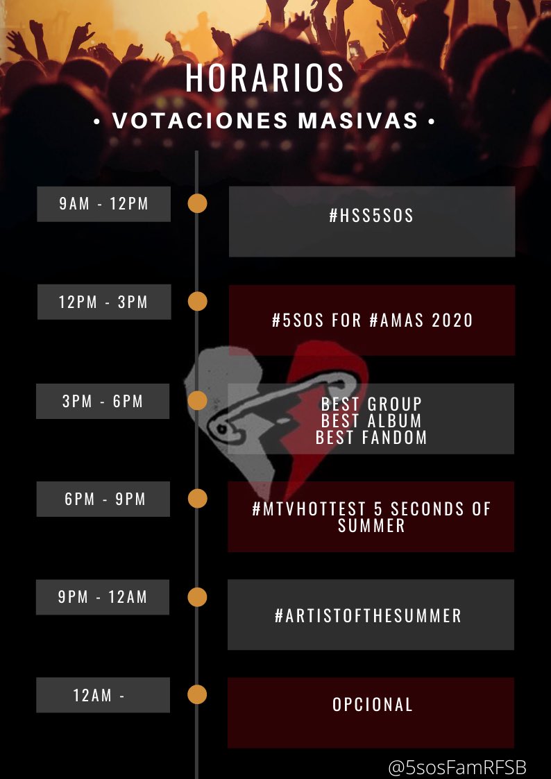 5sosFamRFSB's tweet photo. This are the schedule for the votings.
For the VMAs we’re going to vote before the schedule starts.

Estos son los horarios para las votaciones. Para los VMAsvamos a votar antes de empezar el horario.

-💜 https://t.co/ZofbActy4T