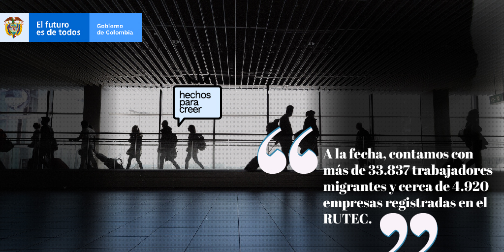 MintrabajoCol's tweet photo. #HechosParaCreer | En @MinTrabajoCol se implementó el Registro Único de Trabajadores Extranjeros en Colombia #RUTEC, para supervisar la su situación laboral, las condiciones de trabajo y el cumplimiento de las normas laborales de los trabajadores extranjeros en el país. https://t.co/kHKHE4cbyc