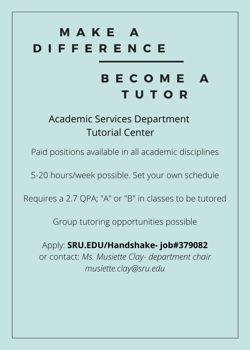AcademicSru's tweet image. The Tutorial Center is looking for peer tutors. Apply or please share.