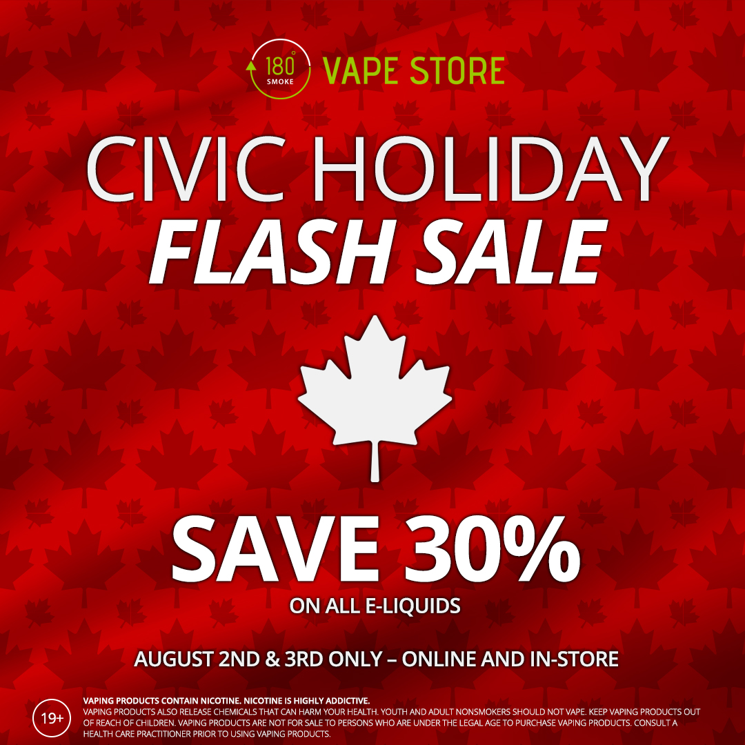 Long weekend e-liquid sale. For two days ONLY our entire e-juice category will be on sale! 

Promotion does closed pods and heat not burn products.