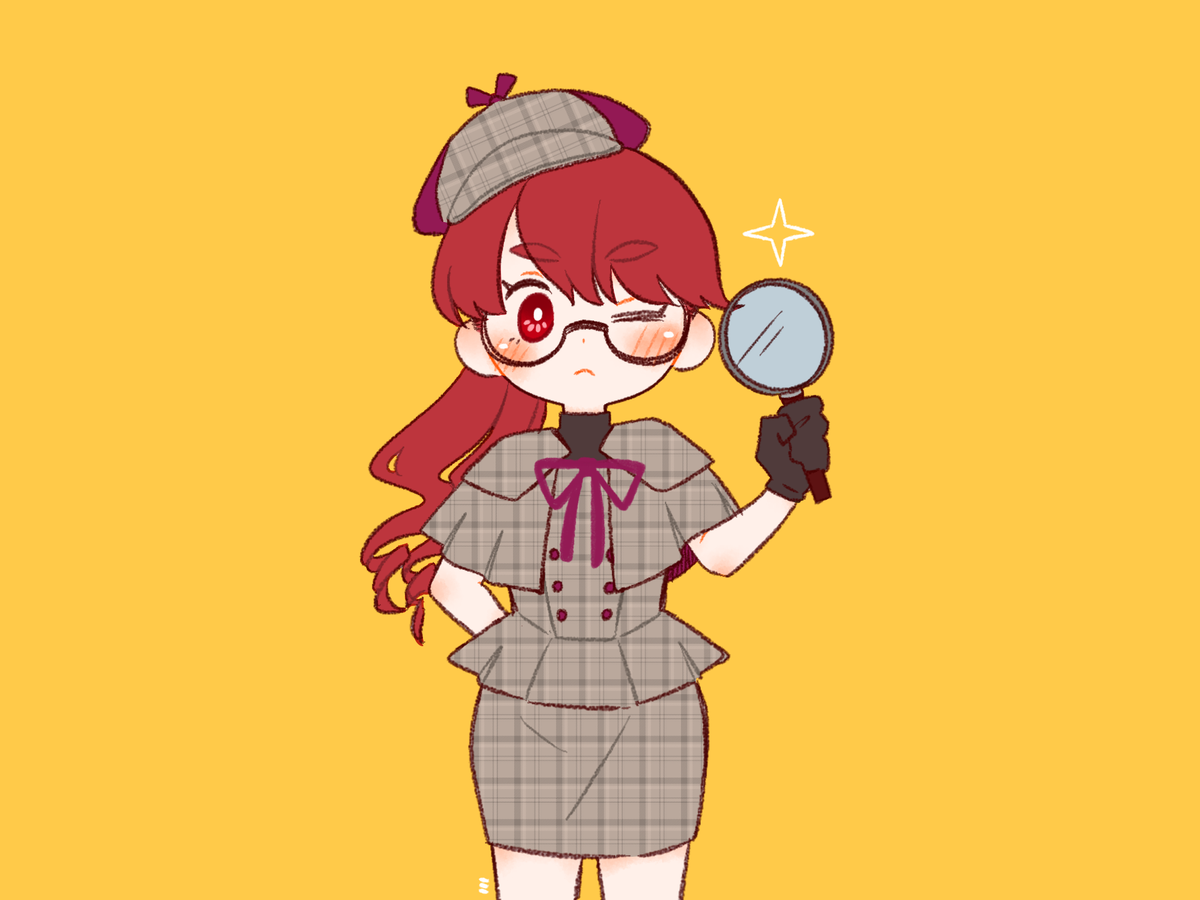 1girl magnifying glass red eyes red hair hat solo one eye closed  illustration images