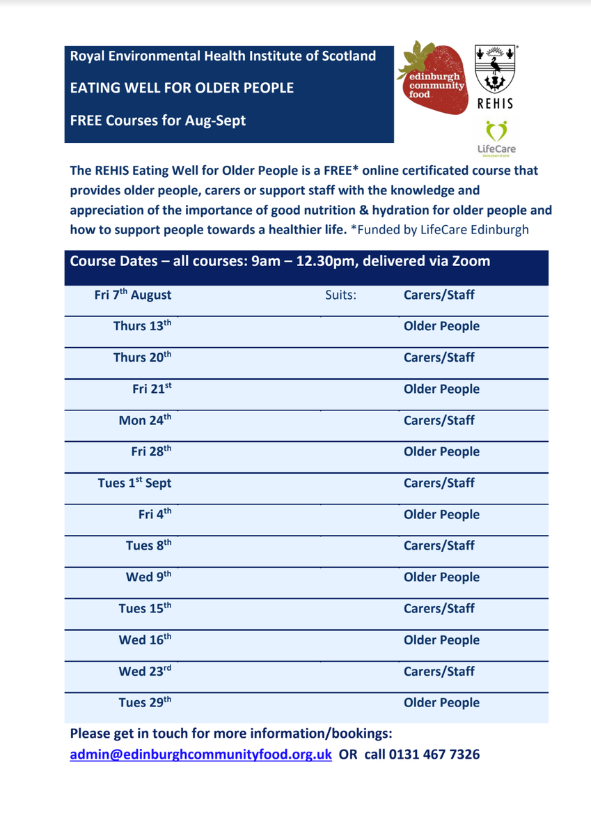 pentlandcc's tweet photo. FREE programme of REHIS Eating Well for Older People courses. Suitable for: older people, kinship carers, carers, staff &amp; volunteers working with older people
Half day training via Zoom - comes with excellent course book
Delivered by an experienced AfN-registered Nutritionist https://t.co/6Cp8ECN3zF