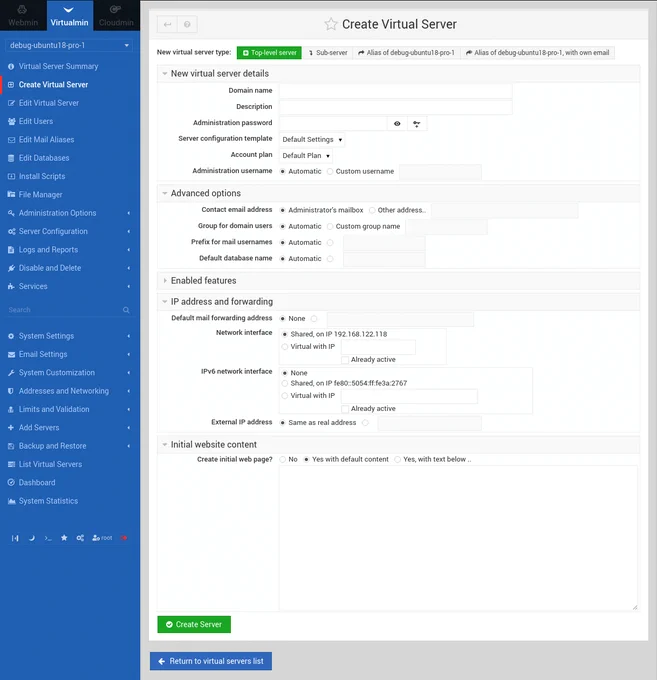 "Virtualmin 🠖 Create Virtual Server" page
