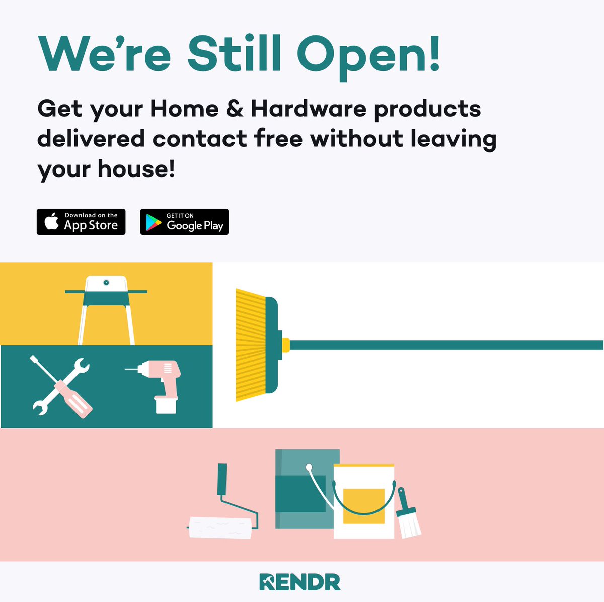 rendr_delivery's tweet photo. 🚨 WE’RE STILL OPEN 🚨

Get all the Home &amp; Hardware products you need to complete your DIY jobs in lockdown 🔒

Get plants, paint, tools and much more, delivered directly to your doorstep within 2 hours! 🏎

Download the Rendr app now to get started https://t.co/SWCKnrI6Rp
