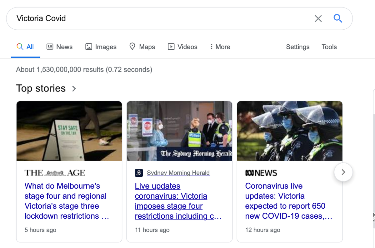 @888riley @mcannonbrookes @niltiac How - specifically - does Google appropriate news content? Here's a screenshot of Google News, and for a search. It displays headlines and then passes the reader to the publication if they click. Is this appropriation in your view or is there something else I'm missing?