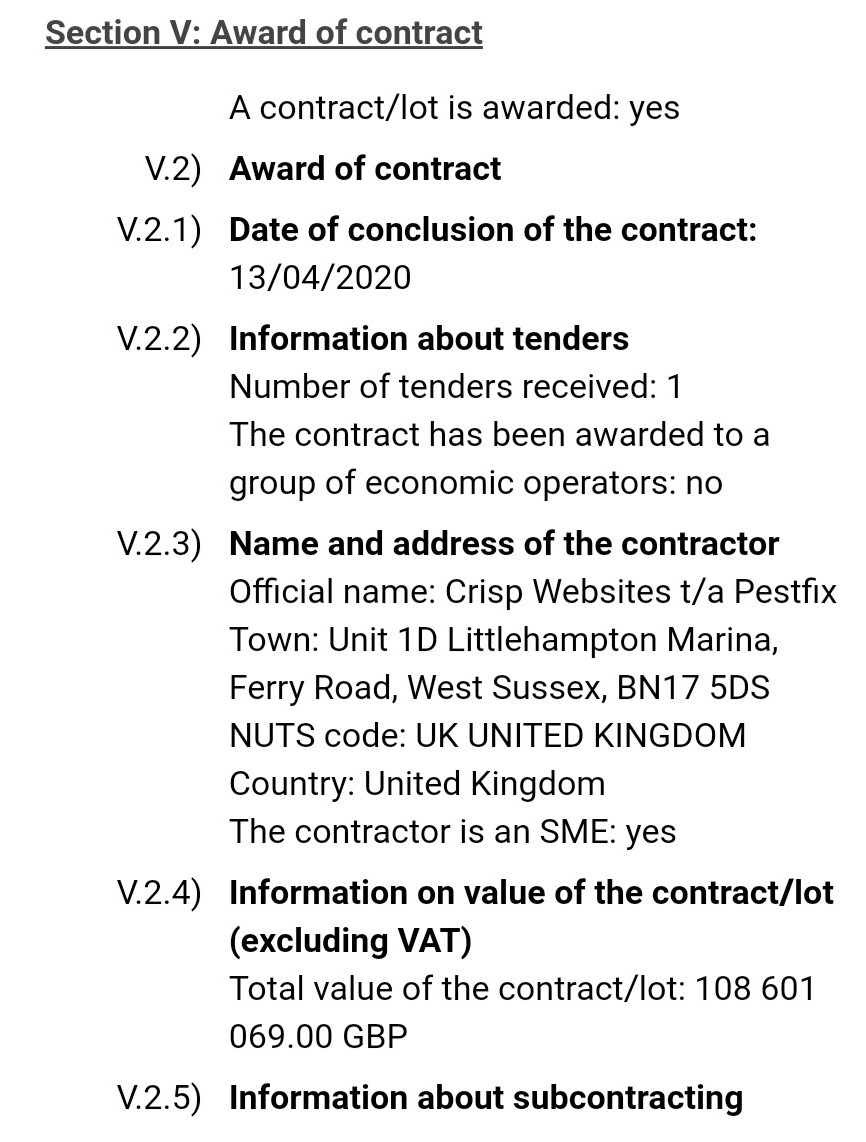 So, back in the day, Matt Hancock's department published a notice of award of a contract to Crisp Websites Limited (trading as Pestfix)  https://ted.europa.eu/udl?uri=TED:NOTICE:230683-2020:TEXT:EN:HTML. THREAD.