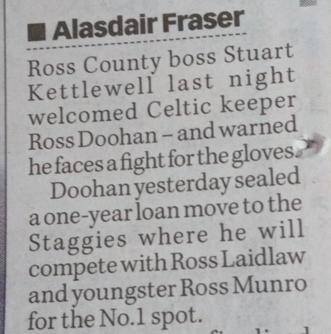 Article naming Ross County's goalkeepers, Ross Laidlaw, Ross Doohan and Ross Munro.