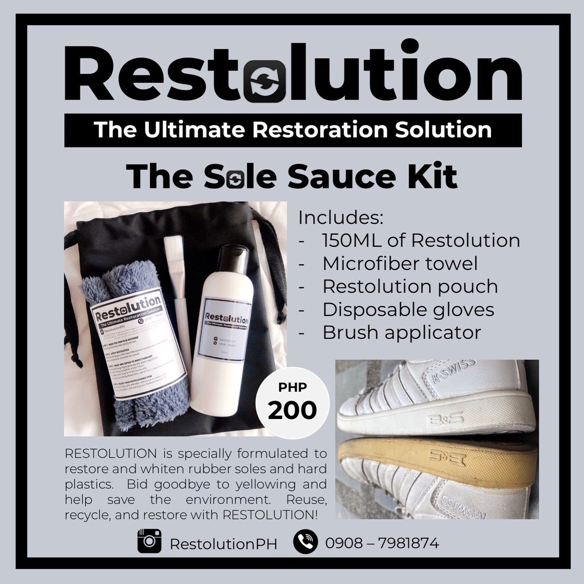 RestolutionPH's tweet photo. Say goodbye to yellow soles, the new Restolution Sole Sauce Kit has arrived!🙌🏻💯🔄 RESTOLUTION is the ultimate restoration solution, specially formulated to restore and whiten rubber soles and hard plastics.
💵 Price: PHP 200
🏍 Delivery: Grab/ Lalamove
📱0908-7981874 🔄 https://t.co/WdNpBgYzD9
