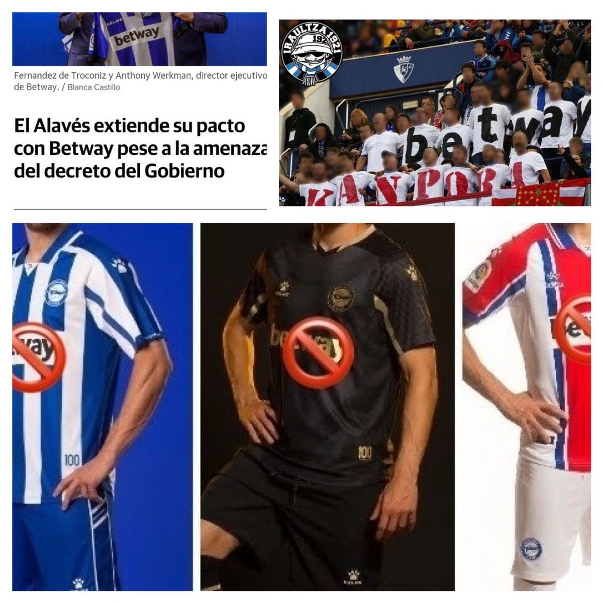 Iraultza1921's tweet photo. Fuera casas de apuestas de nuestro equipo. @Alaves Basta ya de promocionar empresas que arruinan la vida de miles de personas mediante la ludopatía. BETWAY KANPORA! https://t.co/JuKm0AoQ5C