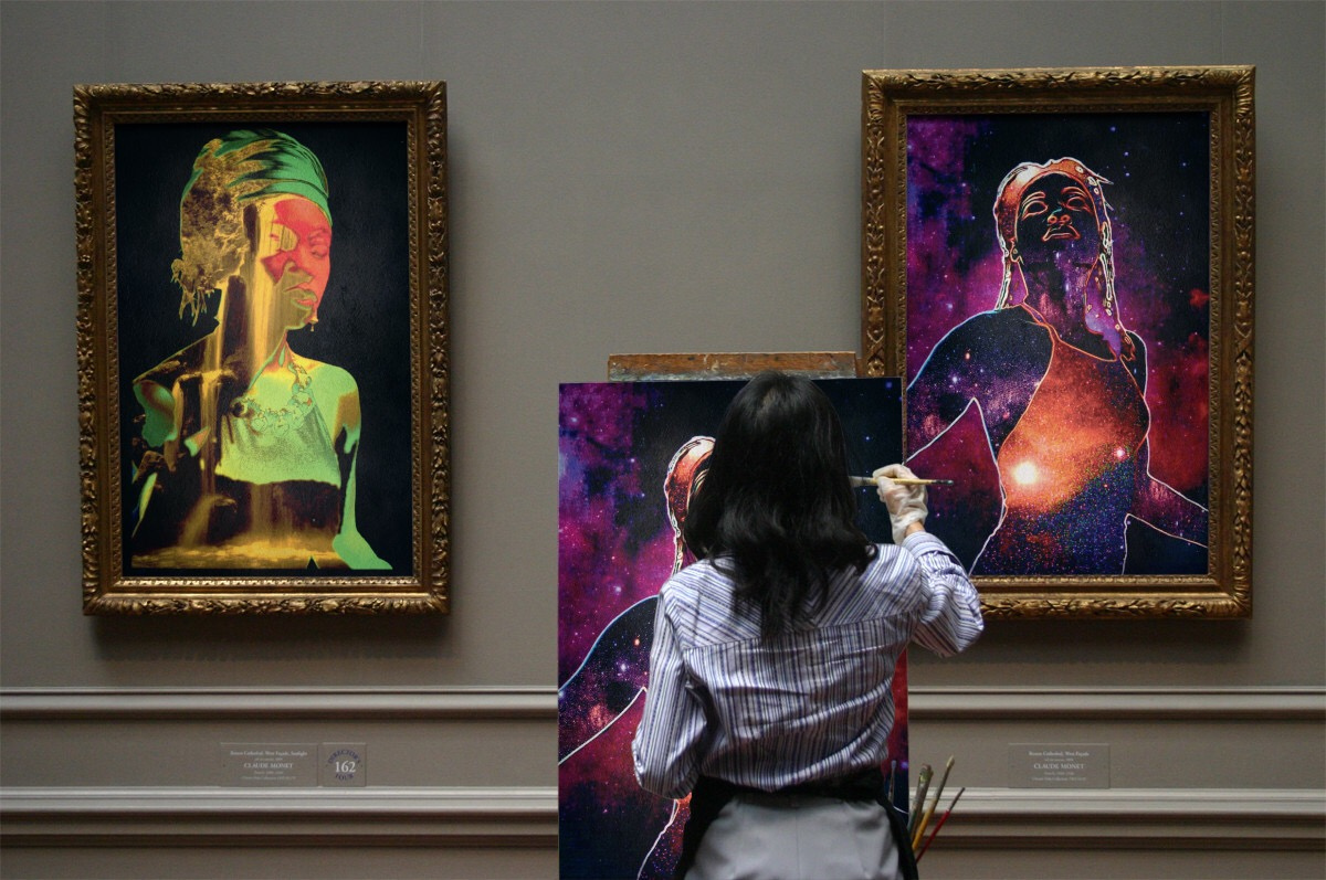 Sankofaeducator's tweet photo. Jabbi Delehaye: Artwork World Tour
Image: Waterfall Lady &amp; Cosmic Lady
#JabbiDelehaye #AfricanArtwork #Waterfall #Cosmic #Lady #WaterfallLady #CosmicLady #RedGoldGreen #Africanartwork #Galaxy #stars #Art #Artwork #Beautiful  #Symbolism #Woman #Gallery #tour #ArtworkWorldTour https://t.co/ogZUOWSl0a