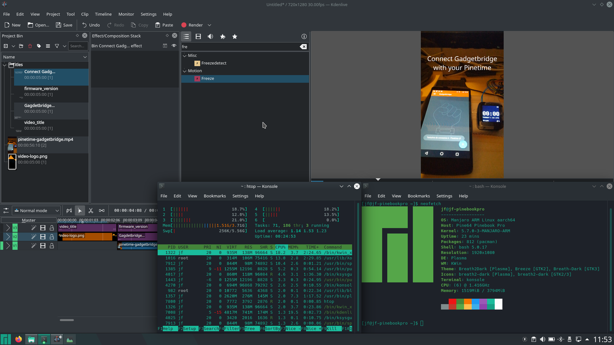 codingfield's tweet photo. The @thepine64  #pinebookpro is more than powerful enough for video editing with kdelive! https://t.co/ZMKaqTC73p