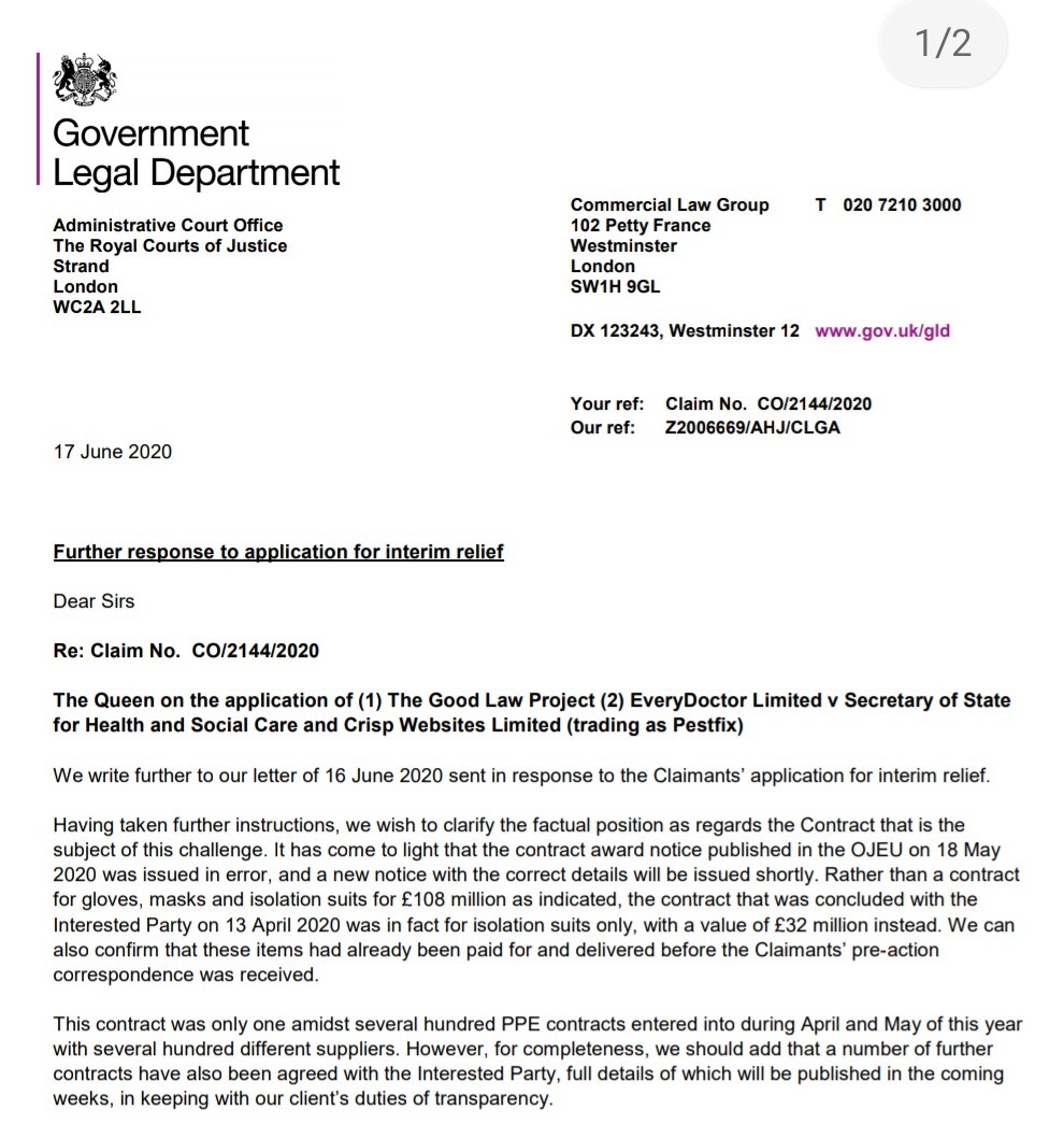 On 17 June they told us they had made an error and had only actually purchased isolation suits - for £32m (although they had also entered into a number of further contracts, full details of which would, apparently, have been published in the coming weeks).