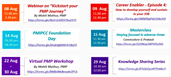 PMIPCC's tweet photo. PMI #Hyderabad Chapter is excited to publish its #virtual #events agenda for the month of #August.
Please #Register @ https://t.co/uEjt9cgzD0
Don't forget to mark your #calendars for these EVENT DAYS !!
#PMIPCC #projectmanagement #PMI #KnowledgeSharingSeries #virtualevent https://t.co/k90ByHm8wK