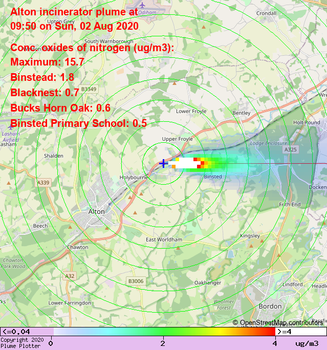 plumeplotter's tweet photo. Latest Alton incinerator plume plot, 09:50 02/08/20 #Binstead #Blacknest #BucksHornOak https://t.co/QIW2IzD9Mc https://t.co/umFIGG5CP7