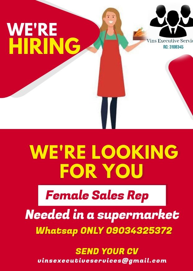 Jobhunts_'s tweet photo. Two female Sale Rep urgently needed for employment in a supermarket in #Badore
Whatsap ONLY 09034325372
#jobseeking #jobs #jobsinbadore #jobsinnigeria #jobsinlekki #lekkijobs #jobsinlagos #vinscarey #nysc #worship #recruitment #salesrepjob #nigeriajob #nigeria #BBNaijia2020 https://t.co/CFtl1oAlMa