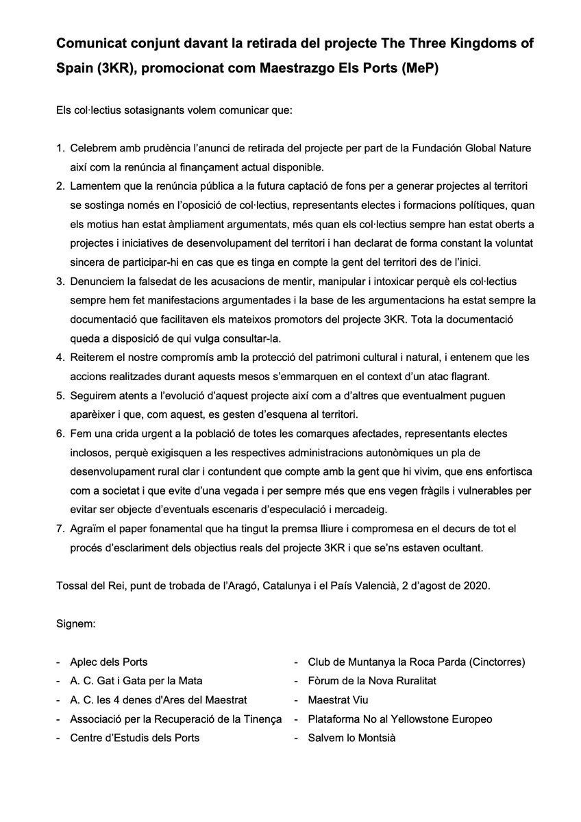 AplecdelsPorts's tweet photo. 👉Comunicat conjunt davant la retirada del projecte The Three Kingdoms of Spain (3KR), promocionat com Maestrazgo Els Ports (MeP)👈

#ResistènciaContraLaIndiferència #AplecDelsPorts #SomComarca #DefensemElTerritori https://t.co/cFuysyyBle