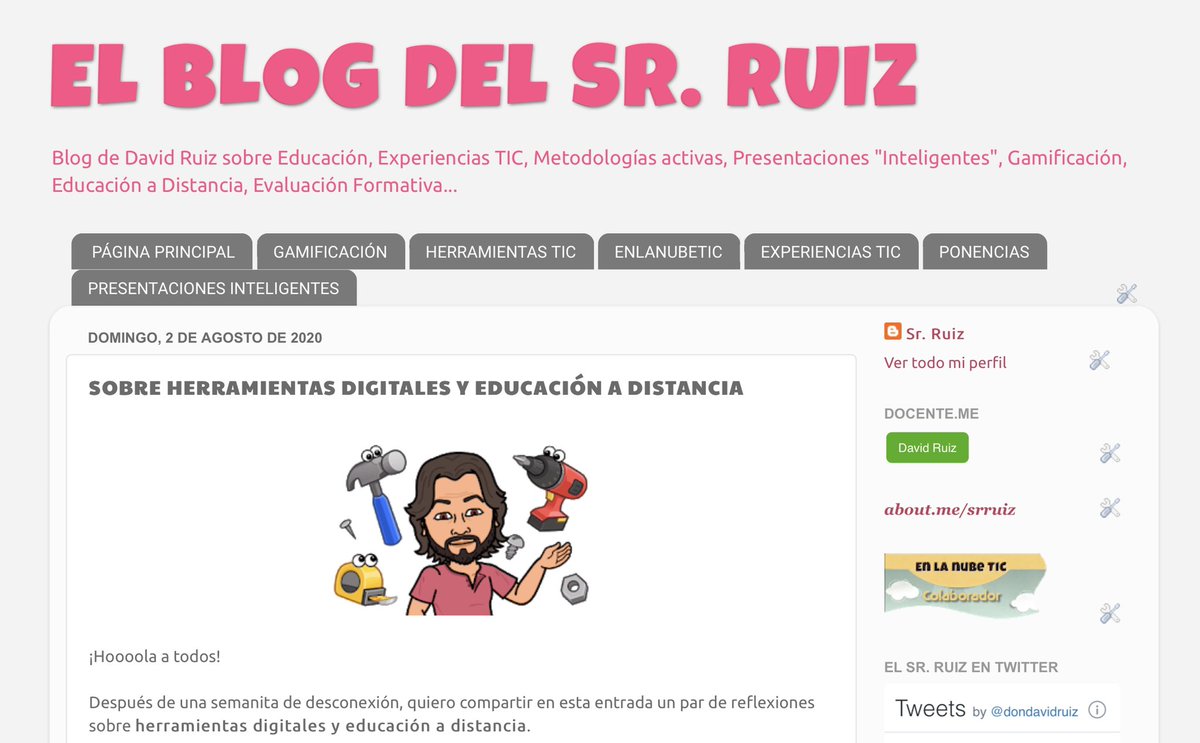 dondavidruiz's tweet photo. https://t.co/F8roYg2XgL Hoy escribo en el Blog del Sr. Ruiz sobre herramientas digitales y educación a distancia: ¿Cuál es su función en el proceso? ¿Cuántas y cuáles elegimos? ¿Qué ventajas e inconvenientes tiene hacer una selección previa? https://t.co/tCnemcPQ6y