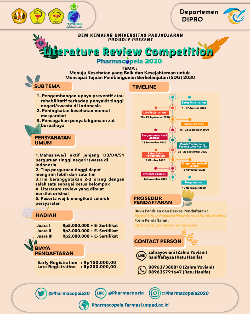 [ Lomba Literature Review Pharmacopeia 2020✨]

Lomba literature review telah dibuka! Jangan sampai terlewatkan. Ayo segera daftarkan dirimu☺✨

Buku Panduan dan Berkas Pendaftaran
bit.ly/ProsedurPendaf…

Form Pendaftaran
bit.ly/lombapharmacop…
