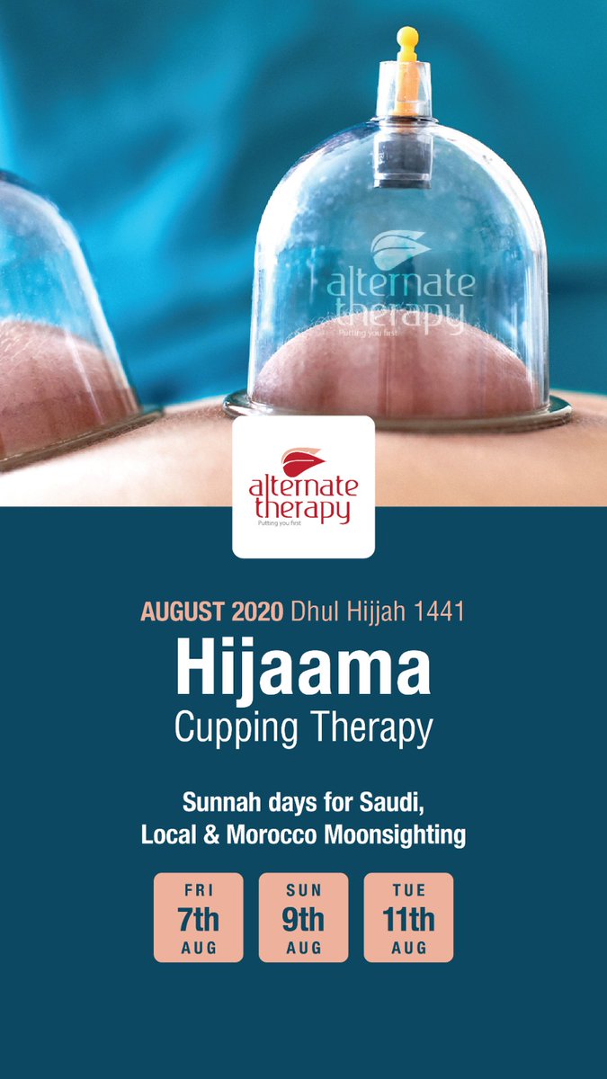 alternattherapy's tweet photo. Sunnah cupping days for August.

#hijaama
#cupping
#wellbeing
#health
#herbalist
#sportsmassage
#chiropractic
#spinalmanipulations
#mizantherapy https://t.co/poby9nLhaC