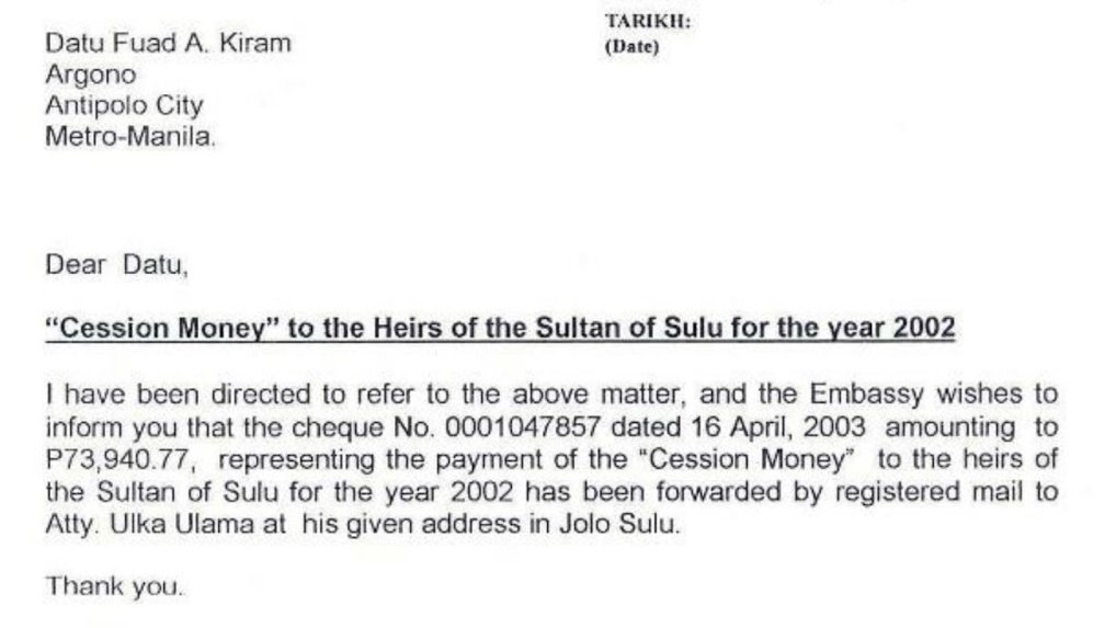 5300 peso tu bagi Britain adalah pampasan (macam pampasan Britain bayar kat Sultan Johor untuk Singapura). Itu juga pemahaman Malaysia yang membayar "cession money" RM5300 setahun kpd waris Sultan Sulu. Cuma waris Sulu & kerajaan Filipina masih anggap ia sebagai bayaran pajakan.