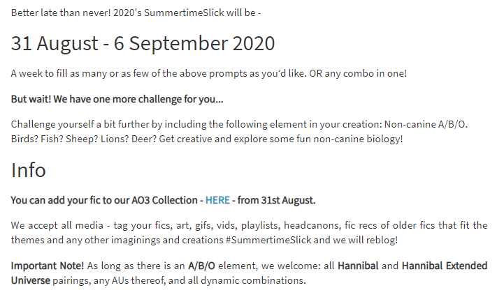 HannigramABOLib's tweet photo. Better late than never! 2020′s #SummertimeSlick will be -
31 August - 6 September 2020
A week to fill as many or as few of the above prompts as you’d like. OR any combo in one! 

See thread for more info! https://t.co/tD6FngfYm1