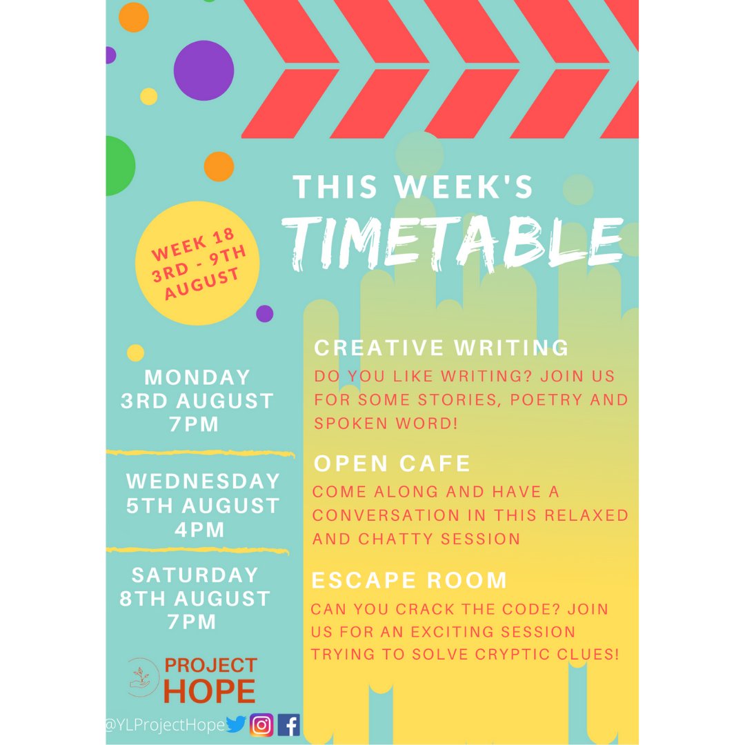 ylprojecthope's tweet photo. β¨ THIS WEEK'S TIMETABLE β¨
Join us for creative writing, open cafe and an escape room! π€©
Open to 13-25 year olds π Sign up now π
https://t.co/rICxMCg6Eo
#YLProjectHope #ProjectHope #Timetable #CreativeWriting #Writing #Poetry #OpenCafe #Conversation #EscapeRoom #Puzzle https://t.co/lUJrmkY1Im