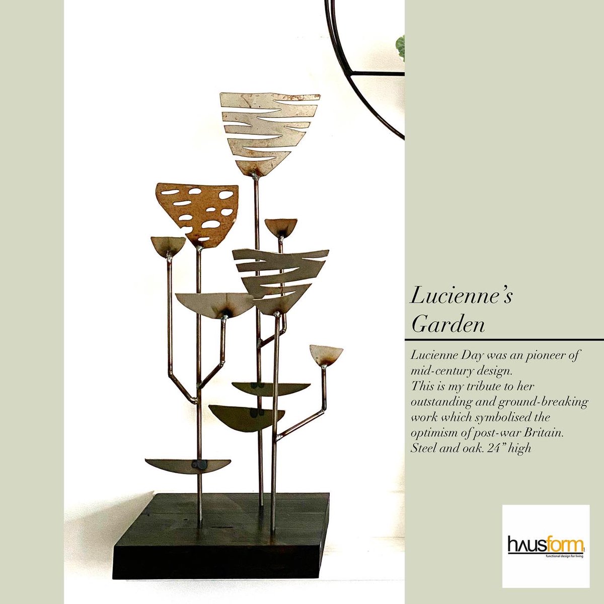 My tribute to the iconic Lucienne Day. Lucienne’s Garden takes inspiration from my favourite of all her fabric designs - Calyx <a href="/Robin_Lucienne/">Robin & Lucienne Day</a> I hope you like this! Steel and oak #lucienneday #midcentury #midcenturydesign #midcenturymetal #hausform #sculpture #calyx #metalartist