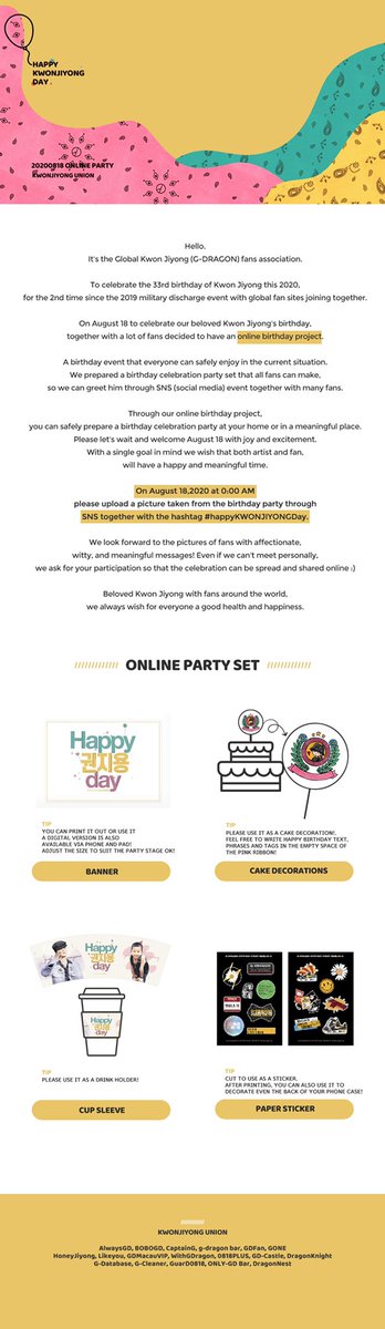 💚💖🎂

Hello.
This is Kwon Jiyong fan union!

On 08/18/20,  we will celebrate our beloved Kwon Jiyong's bday &amp; proceed with an online event w/ fans. Please check out the announcement below!

We request fans from all over the world to participate :)

#HappyKWONJIYONGDay

💛💚💖🎂