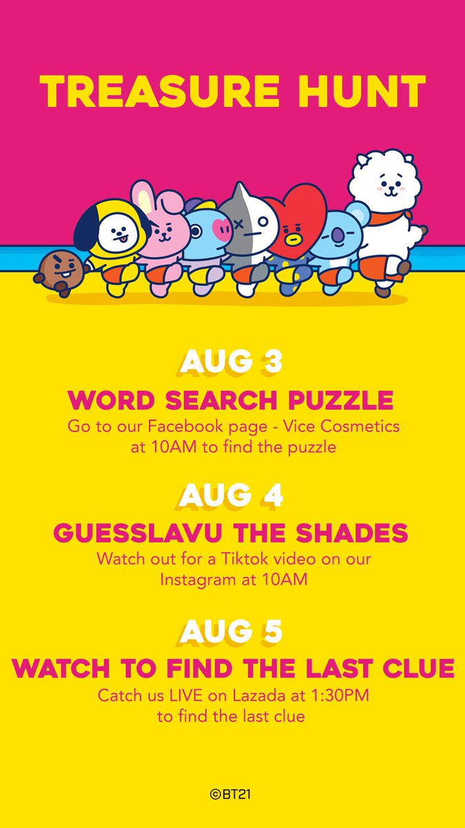 Please check <a href="/vicecosmeticsph/">Vice Cosmetics</a> Facebook Page on August 3
👉 FB.COM/ViceCosmetics at 10AM for the full mechanics of the Treasure Hunt! 😉 More prizes await you so enjoy the hunt Armys! 💜

 #BT21 #KOYA #RJ #SHOOKY #MANG #CHIMMY #TATA #COOKY #VAN #ViceCosmetics #GandaForAll