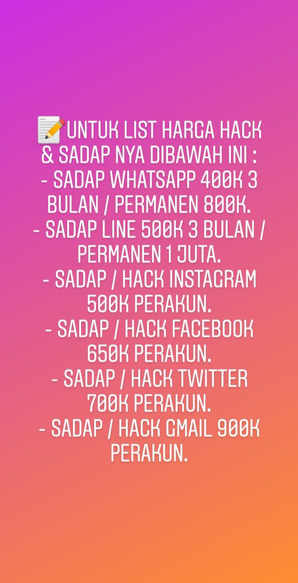 MultiCyber62's tweet photo. List harga โ Untuk info lebih lanjut bisa DM๐ฉ
#hacking #hacker #hackers #sadapwa #sadapline #hackinstagram #hacktwitter #hackfacebook #Hacked #hack #hackwa #hackline #hackgmail https://t.co/Gp8qhRchA0