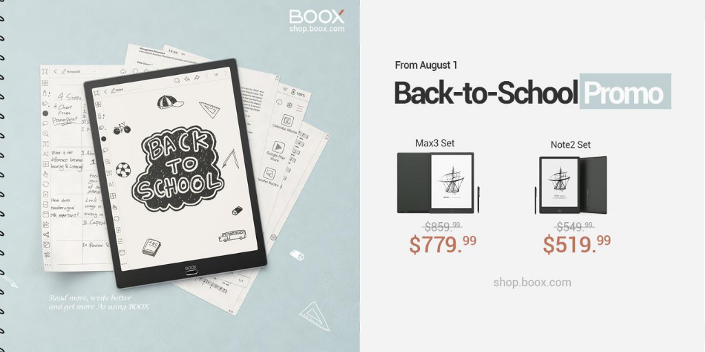 OnyxBoox's tweet photo. Do not miss this great Back-to-School deal! US$30 OFF Note2 and US$80 OFF Max3 at https://t.co/Kvs5zUw1ZK. You will also get FREE accessories worth up to US$104.96 for your purchase. #BOOX #BacktoSchoolDeal #BacktoSchoolShopping #BacktoSchoolSale #eLearning #studentandteacher https://t.co/CRizjF1ZLs