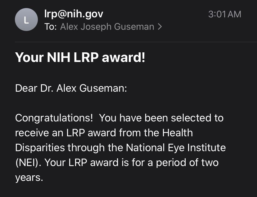 Ahh this is amazing news to wake up to! Thank you @NatEyeInstitute and @NIH_LRP. Also thanks to @blacksciblog for help during the process! #nihlrp