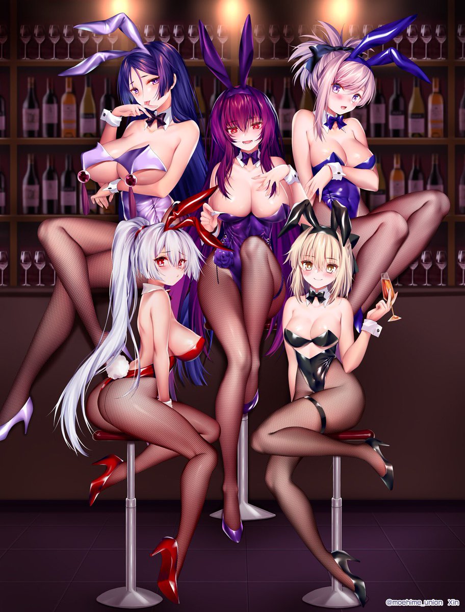 アルトリア・ペンドラゴン ,ランサーアルトリア ,エレシュキガル(Fate) ,イシュタル(Fate) ,ジャンヌ・ダルク ,ルーラー ,スカサハ(Fate) ,刺し穿つバニー 「バニー最高(о'∀`о)
#バニーの日 
#カルデアバニー部 」|Xin@萌姫連合のイラスト