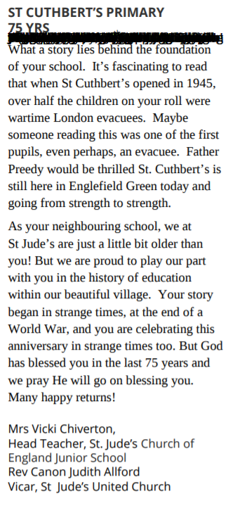 StCuthbertsPTA's tweet photo. You can read more memories in newsletters from earlier weeks here: https://t.co/ucNFhc5xnV Thanks to @StJudesHead and Rev Canon Judith Allford Vicar, St Jude’s United Church for celebrating with us last week - so lovely to see this contribution #SC75 https://t.co/maVU6EMlmG