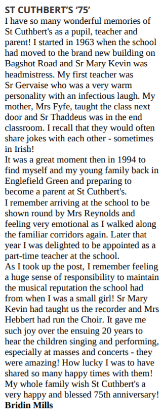 StCuthbertsPTA's tweet photo. Canon Chris has sought out great memories from former parents, pupils & teachers @StCuthsRC to mark the 75th anniversary of the school on 20 Aug, as we cannot celebrate together yet. This week's is from Bridin Mills, who falls into all three categories! #SC75 https://t.co/YCgFW8hiq1