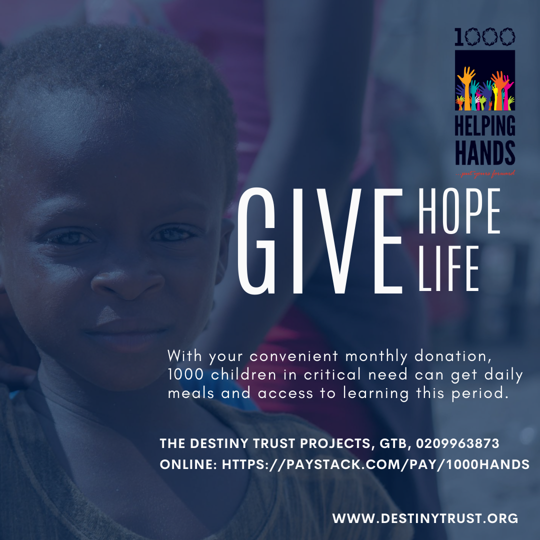 TheDestinyTrust's tweet photo. Would you join us again this year as we ask for support to educate, feed, shelter and empower homeless children? Please spread our cause. Give and tell someone to give to The Destiny Trust Projects, GTB, 0209963873 or at https://t.co/XrJwgMaTJl #TogetherforMore #1000HelpingHands https://t.co/fg1Re9mV6R