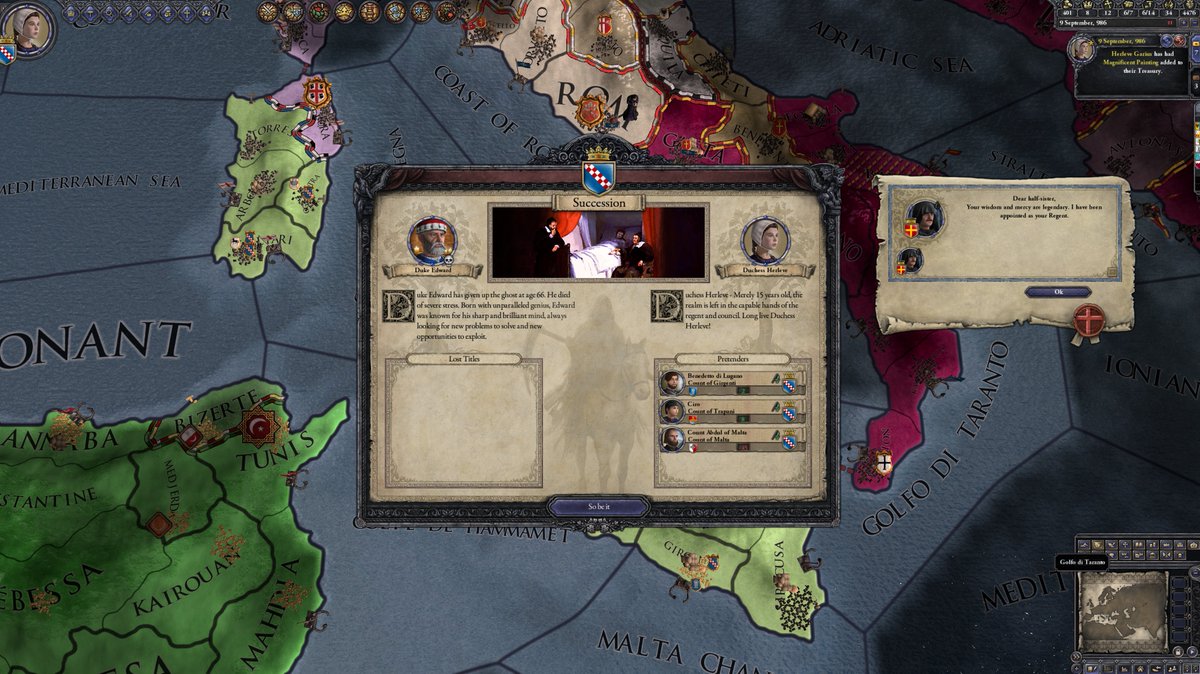 DAMNIT. Died just before competent daughter came of age.At least I remembered to make boring, unambitious son her regent.