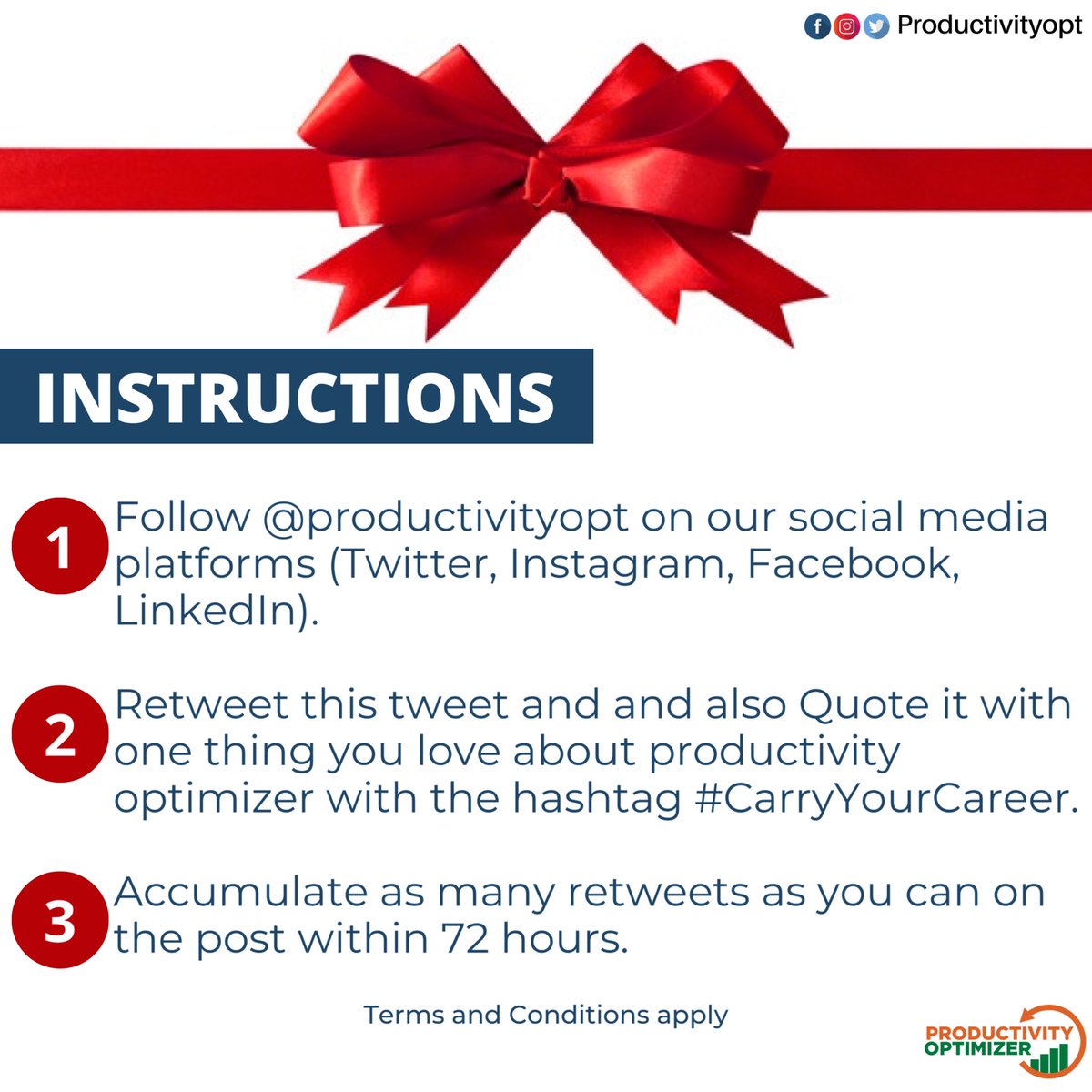 mycareerwheel's tweet photo. The #GiveAway is on!
1. Follow us across all platforms
2. Retweet this post
3. Quote this post with one thing you love about @ProductivityOpt with the hashtag #CarryYourCareer 
4. Accumulate as many RTs as you can over the next 72 hours

Winners: Top 3 tweets with highest RTs https://t.co/hVfNnekcRL