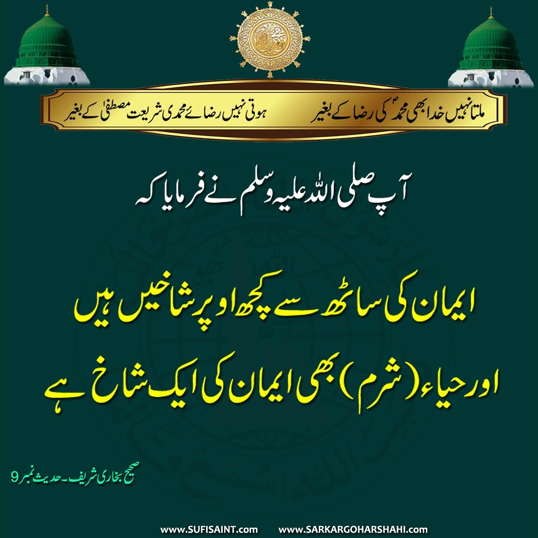 SarkarGoharShah's tweet photo. The #Prophet (PBUH) said, #Faith (Belief) #consists of more than sixty #branches (parts). And #Haya (self respect, #modesty, #bashfulness, and #scruple, etc.) is a part of faith..
(Sahih Bukhari Shareef- 9)
https://t.co/syy4me5Vct
#Allah #Islam #SarkarGoharShahi #GoharShahi https://t.co/vpL7fFhon3