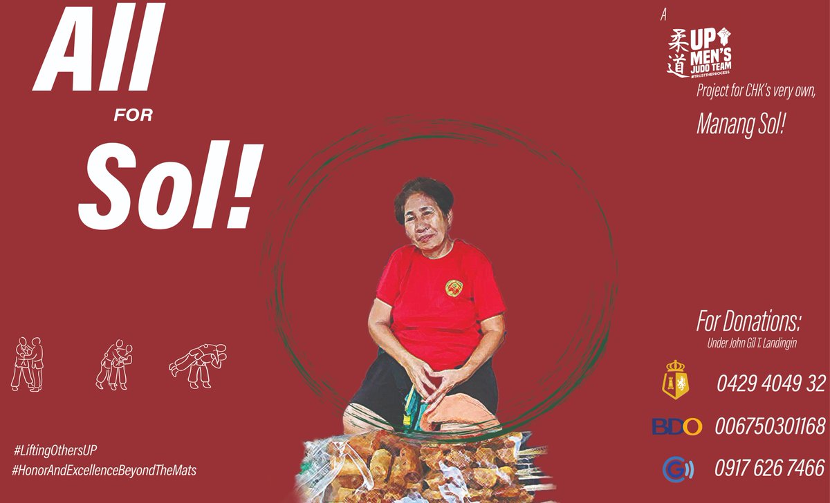 UPDATE: Total donations received so far for Manang Sol is P15,700.

Donations are still being accepted! Refer to the bottom right of the photo for possible ways to donate.

#LiftingOthersUP
#HonorAndExcellenceBeyondTheMats