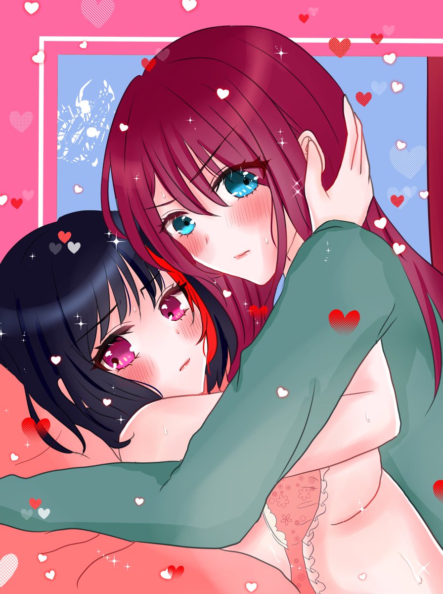 mitake ran multiple girls 2girls red hair black hair yuri blush heart  illustration images