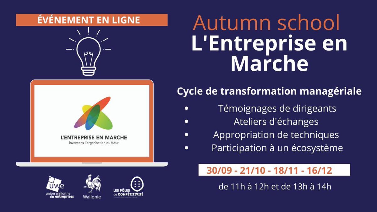 Très fière de pouvoir vous proposer avec l’équipe <a href="/EntrepriseEnM/">Entreprise en Marche</a> @UWE_asbl notre première «𝗔𝘂𝘁𝘂𝗺𝗻 𝗦𝗰𝗵𝗼𝗼𝗹», un cycle d’événements entièrement en ligne pour transformer durablement votre organisation! 🍁
linkedin.com/posts/activity…
#management #nwow #futureofwork #manager