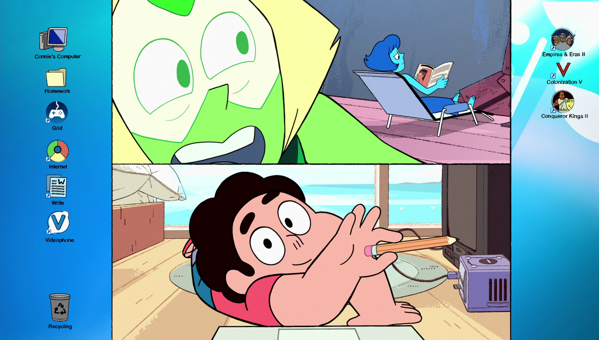 FrikiFrikiBC's tweet photo. #FrikiFrikiFlashback: Hace 1 año, el 2 de Agosto de 2019, se estrenó el corto "Videochat" en el canal de YouTube de Cartoon Network España.

En el portátil de Connie vemos iconos que parodian 3 clásicos juegos de estrategia: Age of Empires 2, Civilization V y Crusader Kings 2
-SB https://t.co/uvLG74xZjL