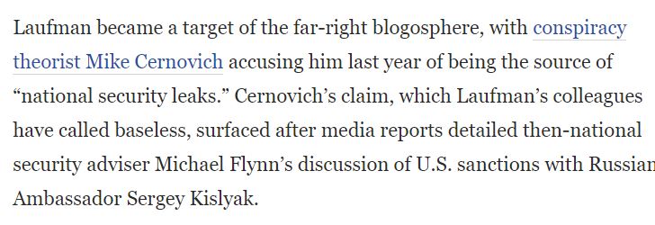 54\\In 2018, Laufman retired from the DOJ. The Washington Post said he was the target of the “far-right blogosphere.”However, as you may have noticed, every source I used for this thread is left-of-center! https://www.washingtonpost.com/world/national-security/justice-dept-official-who-helped-oversee-clinton-russia-probes-steps-down/2018/02/07/ab19f24e-0b69-11e8-8b0d-891602206fb7_story.html