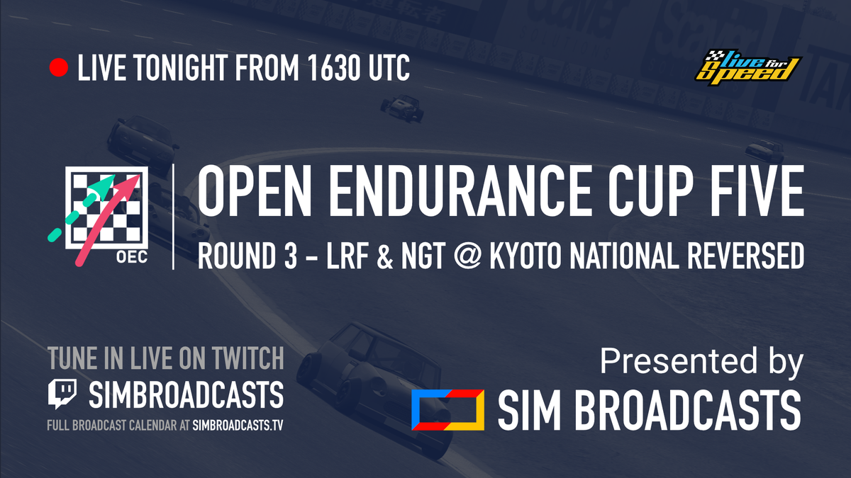 simbroadcasts's tweet photo. 🔴 LIVE Today from 16:30 UTC: @LFSracing Open Endurance Cup Five Round 3 - LRF &amp; NGT @ Kyoto National Reversed. Tune in at: https://t.co/YbrSUYEmJq

#simracing #livestream #sbtv #lfs #oec5 https://t.co/17NMQQkwEr