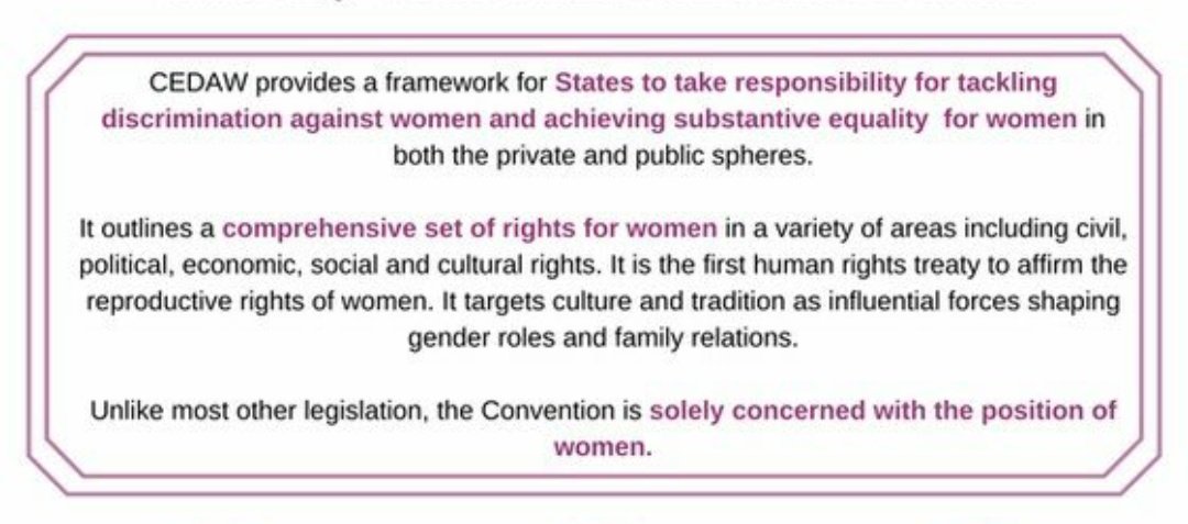 What does CEDAW do?CEDAW provides a framework for States to elimination discrimination against women and achieve  #SubstanticeTransformativeEqualityIt sets out a comprehensive set of rights for women & girls, including political, social, economic & cultural rights