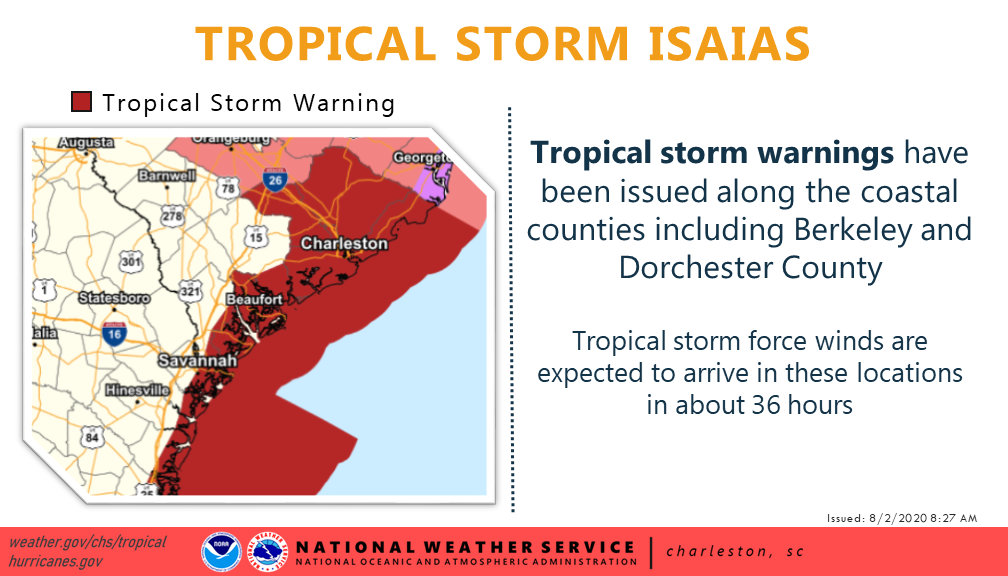 Tropical Storm Watches have been dropped and Tropical Storm Warnings have been issued in advance of #Isaias.
#chswx #savwx #scwx #gawx
