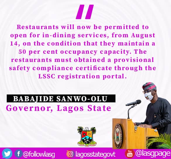 followlasg's tweet photo. *COVID-19* : Relaxation of some lockdown measures taken by the Lagos State Government in response to the spread of the pandemic.
@jidesanwoolu @drobafemihamzat @gbenga_omo @gboyegaakosile @Mr_JAGss
#LASG #ForAGreaterLagos https://t.co/9DgwnjkSLB