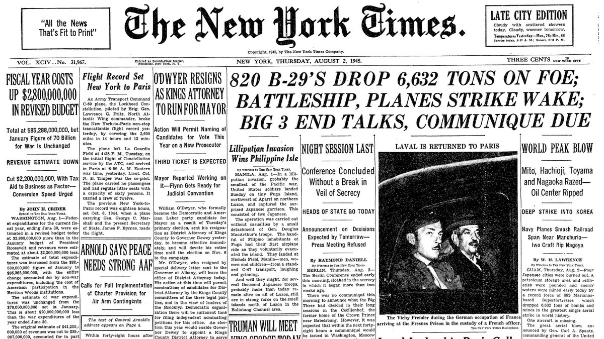 Aug. 2, 1945: 820 B-29's Drop 6,632 Tons on Foe; Battleship, Planes Strike Wake; Big 3 End Talks, Communique Due  https://nyti.ms/3hZ89kz 